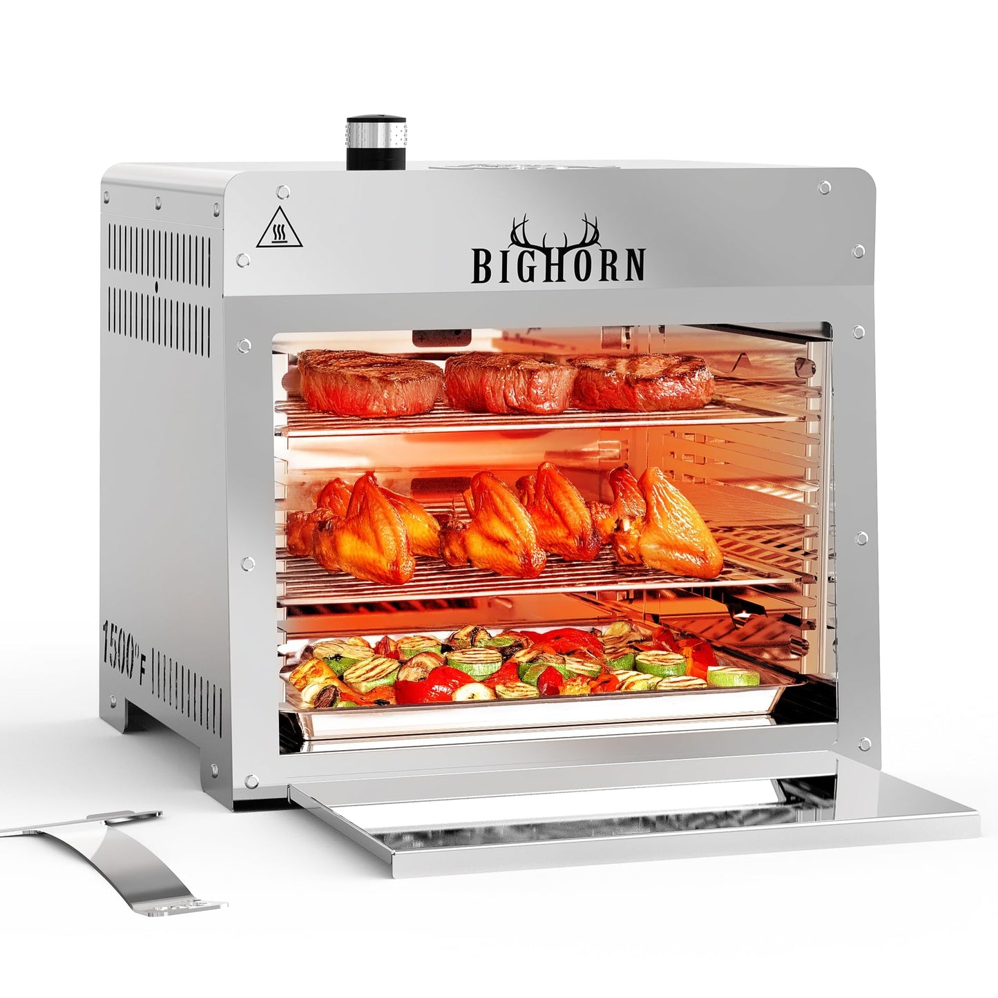 BIG HORN OUTDOORS 1500°F Small Infrared Propane Gas Grill – Portable Steak Broiler & Sear Station, Outdoor Salamander BBQ with Pizza Stone, Stainless Steel