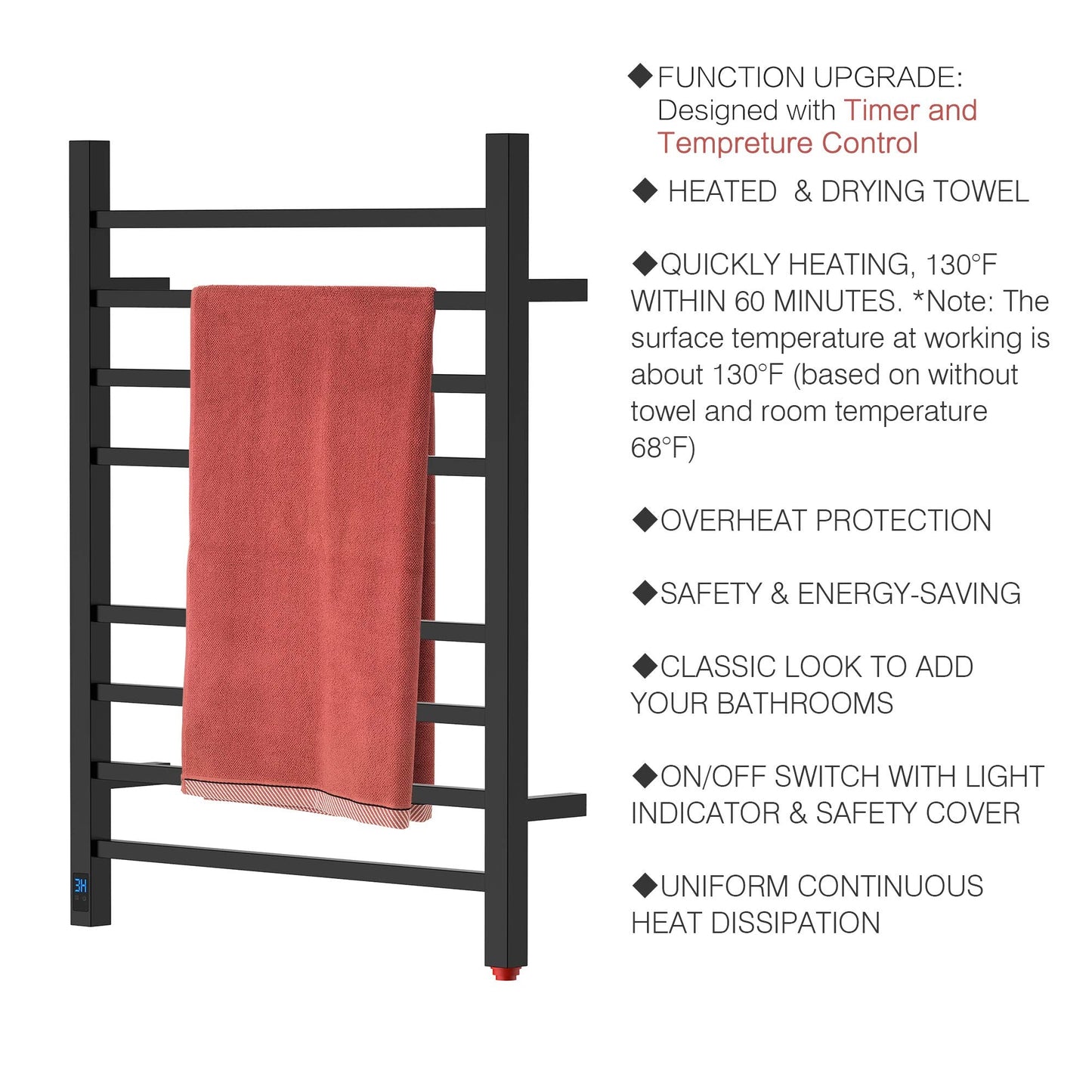 HEATGENE Towel Warmer with Timer and Temperature Control, Electric Towel Warmer with 8 Square Bars, Wall-Mounted Electric Towel Rack with 8 Square Bars, Plug-in/Hardwired Towel Rails - Matte Black