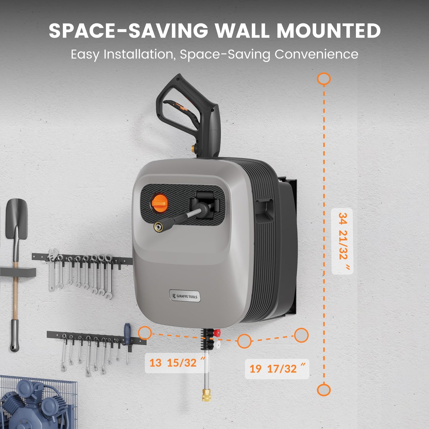Giraffe Tools Grandfalls Retractable Pressure Washer G20, 2500 PSI 2.2 GPM, Wall Mounted with 65FT Hose Reel, 4 Nozzles for Floor/Cars/Fences/Patios, Light Silver Case with Grey Pressure Hoses
