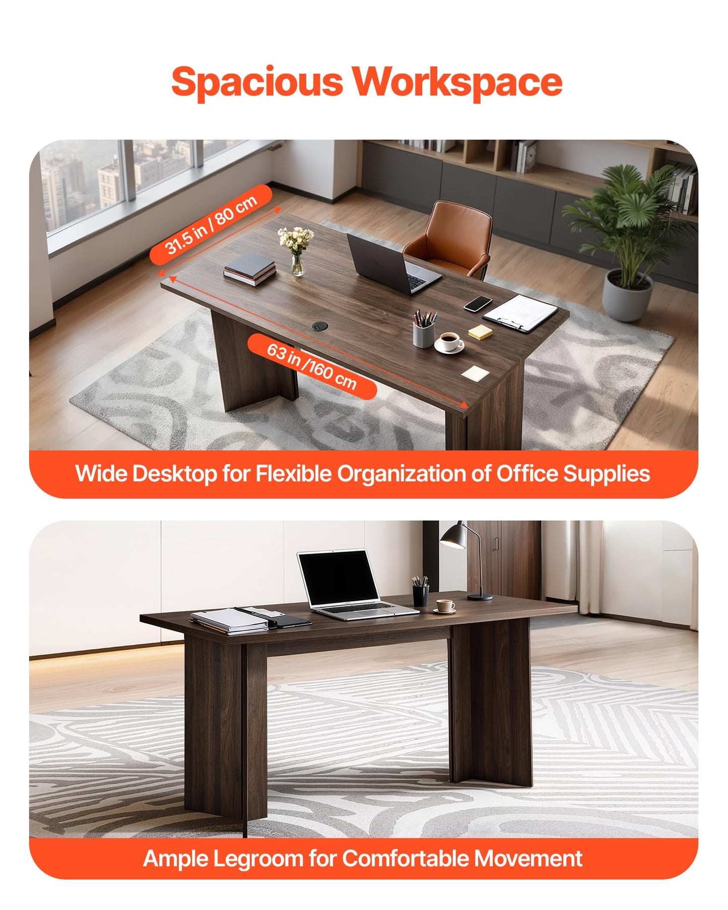 VEVOR 63 in Executive Desk, Large Modern Rectangle Office Table, Heavy Duty Wooden Executive Table with Cable Connection Hole, 250 LBS Load Capacity, Easy Assembly, for Work Study Writing, Walnut