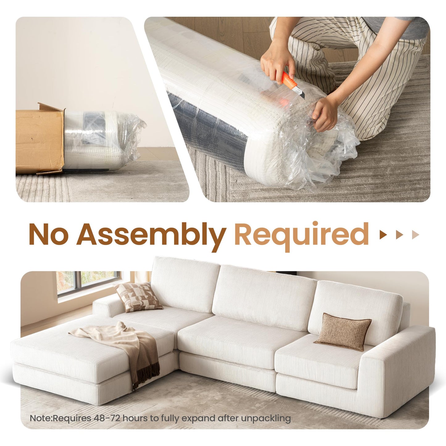 Modular Sectional Sofa, 120.47" Modern Cloud Couch Sectional Sofa with L-Shaped Chaise Comfy Corduroy Fluffy Couch with Deep Seat Boneless Couches for Living Room Bedroom, Beige