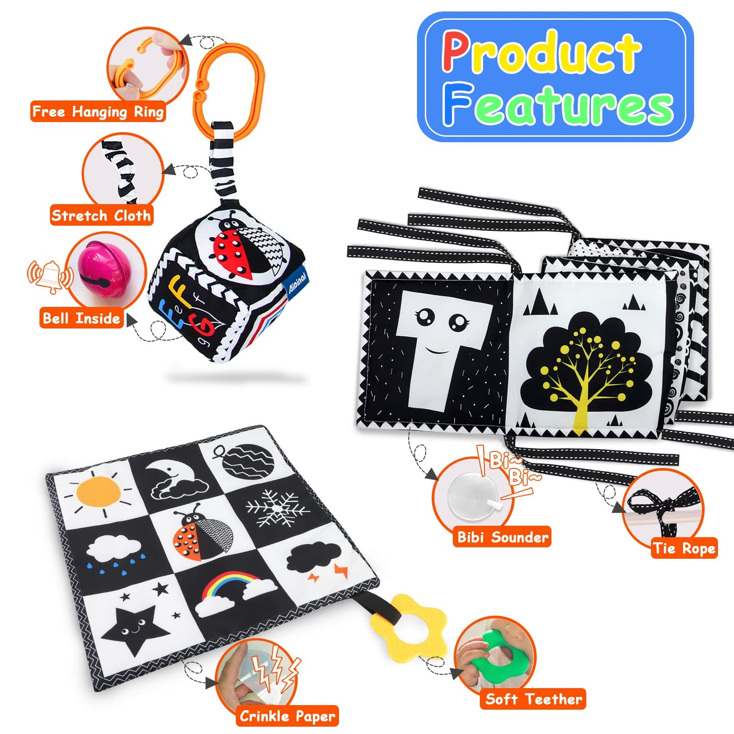KUANGO 3 PCS Black and White High Contrast Baby Toys Newborn Toys 0-6 Months, Visual Stimulation Sensory Soft Book, Infant Tummy Time Toys 0-3-6 Months Baby Gifts