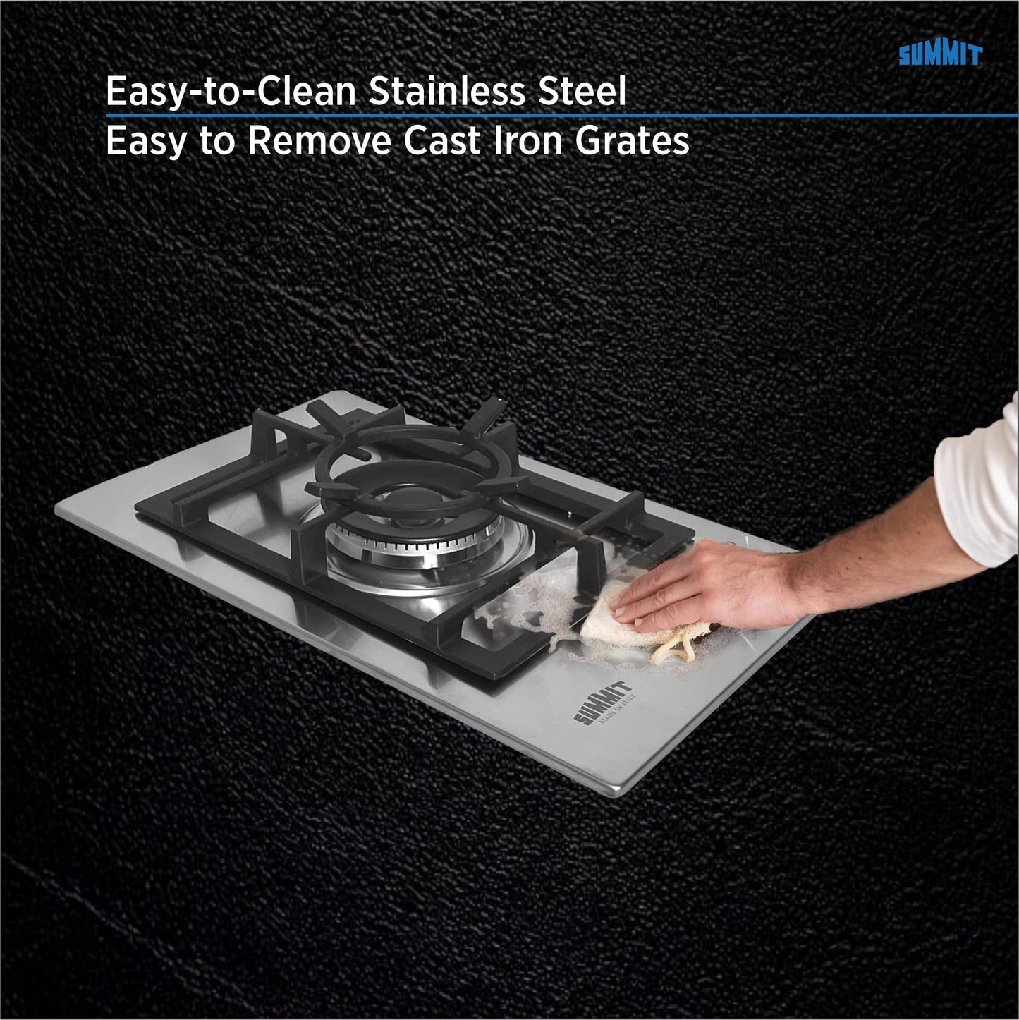 Summit GCJ1SS, 12-Inch-Wide Single Burner Gas Cooktop, Stainless Steel with Sealed Burners, Cast Iron Grates, Wok Ring, NG/LPG Conversion Kit, Flame Failure Protection, Easy to Clean, Cord Included