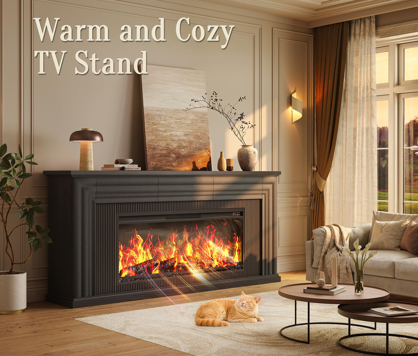 PRAISUN 70'' Fireplace TV Stand with 42'' Electric Fireplace, Farmhouse TV Stand for 65 75 Inch TV, Entertainment Center TV Console with 3 Drawers, Fluted Design, for Living Room, Black