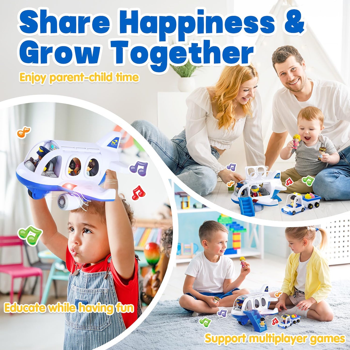 PLAY Airplane Toy for Kids - Toddler Airplane Toys Travel Plane Toys for Kids 2+ Years Old with Small Figures & Baggage Carrier, Musical Toy Airplane with Lights for Boys Girls Gifts Birthday (Blue)