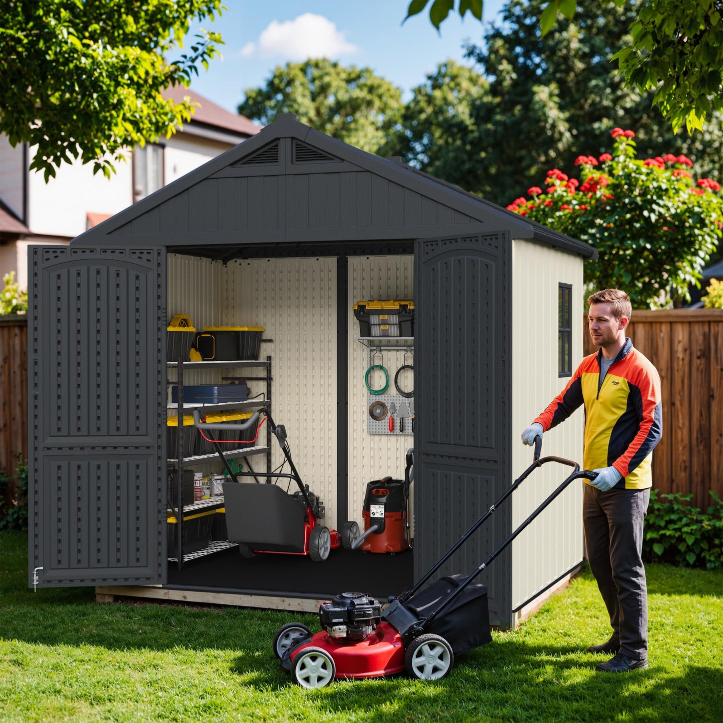 Greesum 8×6 FT Plastic Outdoor Storage Shed with Floor, Resin Sheds with Window and Lockable Door, Weather Resistant Organization, Easy Assemble for Garden, Lawn, Pool Supplies, Beige
