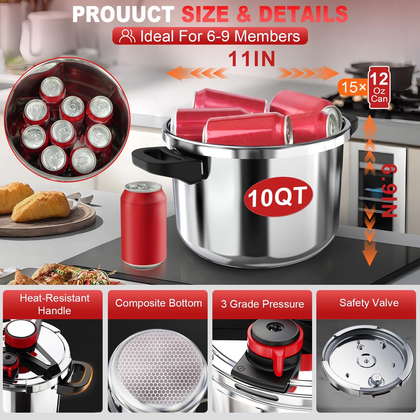 18/8 Stainless Steel Pressure Cooker 10 Quart, [One-Hand Locking] Pressure Cooker, [3-In-1] Olla de Presion, Induction Compatible, Gas Stovetop Compatible,Steamer Rack & Includes Glass Lid
