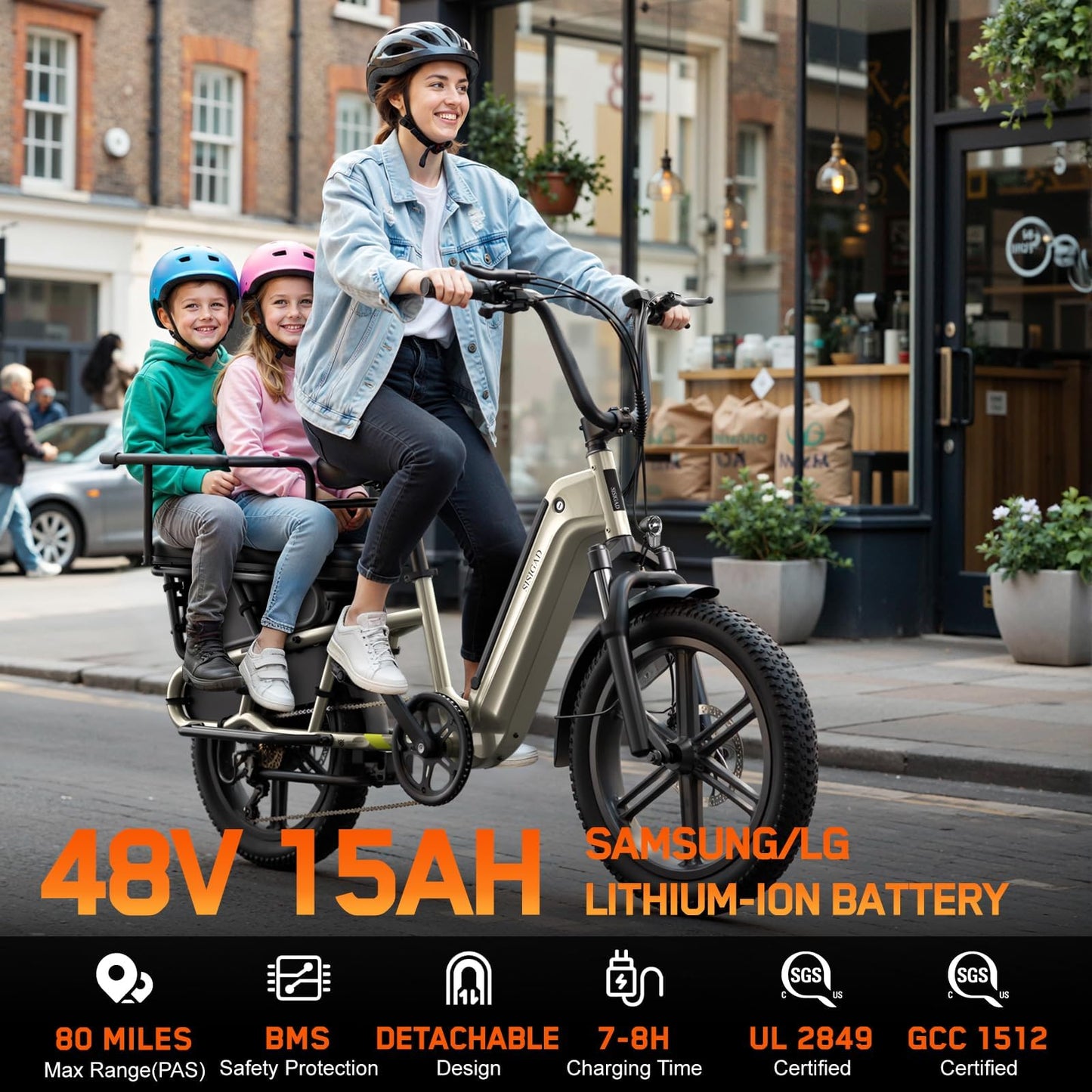 SISIGAD Family Electric Bike with Child Seat,1500W Peak Motor Ebike with 48V/15A Removable Battery,28 mph,80 Mile, 20" Fat Tire E Bike, Electric Cargo Bike Suitable for Commuting and Shopping (Sage)