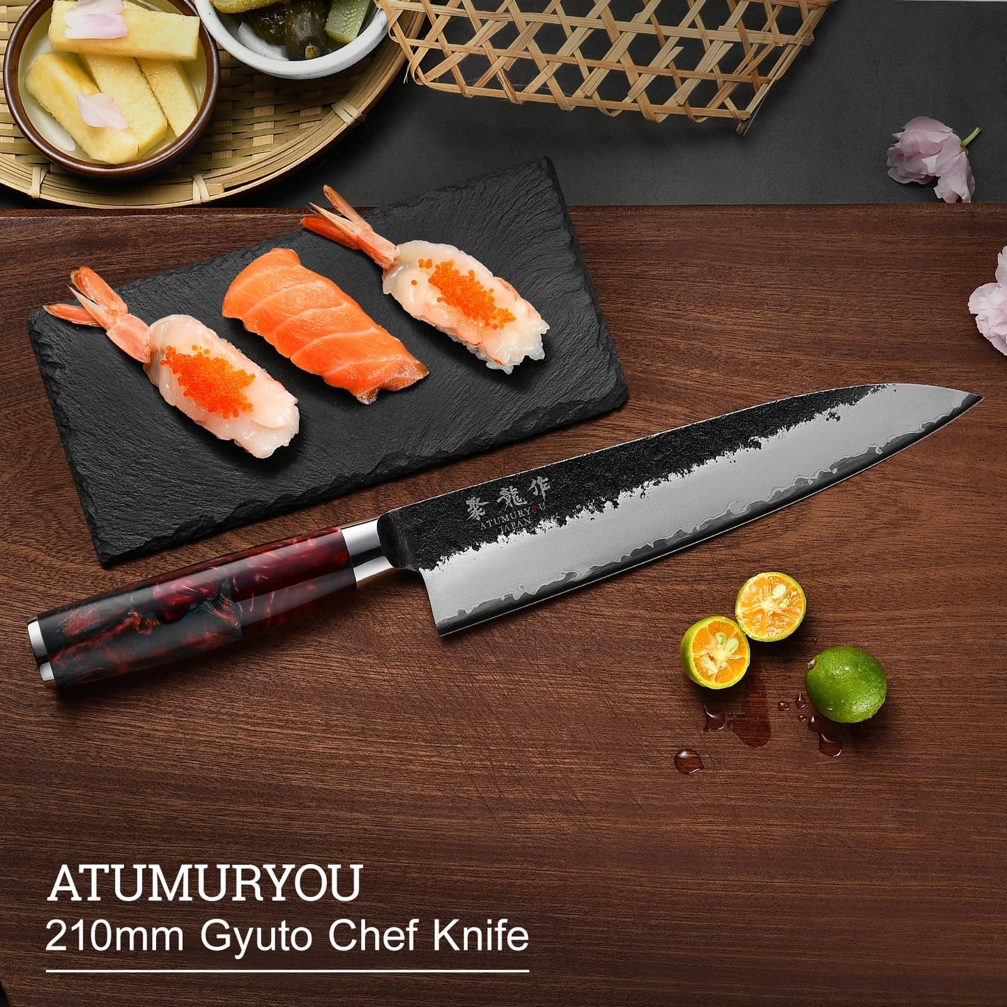Japanese Chef Knife, 8 Inch Hand Forged Kitchen Knives with VG10 Core, Professional Gyuto Knife for Home & Restaurant, Sanmai Chefs Knives with Ergonomic Red Handle, Cooking Gifts for Men Women