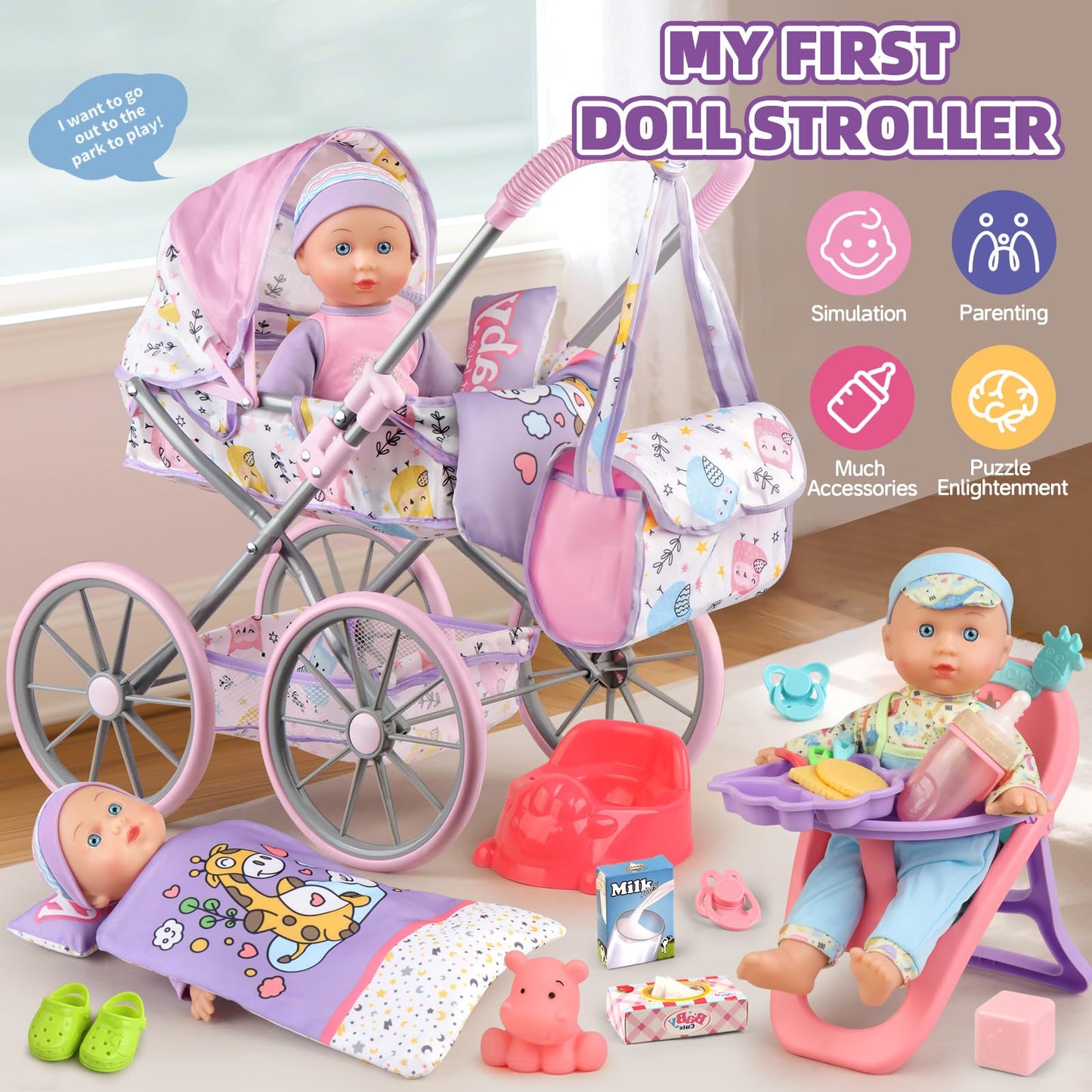 Baby Doll Stroller Playset for Girls Toddlers 3-5 4-6 5-7 Year Old to Play House Games. Stroller Toy with 12.5" Baby Doll, Dining Chair, Quilt Pillow, 24 PCS Doll Accessories and 2 Sets Clothes.
