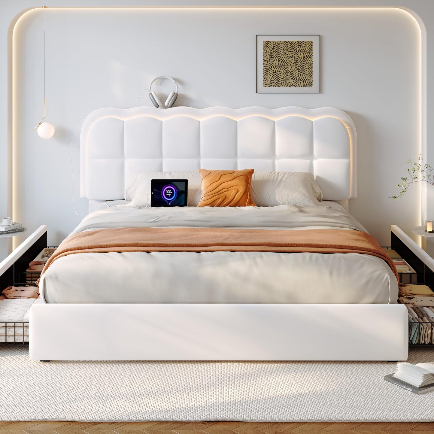 CypBed Queen Size Bed Frame with 4 Storage Drawers & LED Lights, Velvet Upholstered Platform Bed Frame with Charing Station and Adjustable Headboard, Wood Slats Support, No Box Spring Needed, White