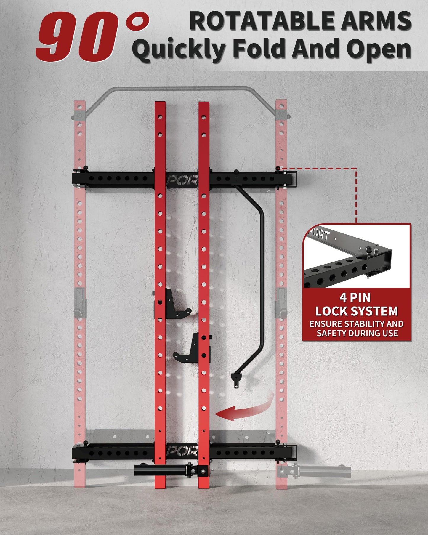 Folding Squat Rack for Home Gym, 1000 LB Capacity Wall Mounted Power Rack with Pull Up Bar, J Hooks and More Attachments, 2.36" x 2.36" Space Saving Multifunction Power Cage, Black/Red