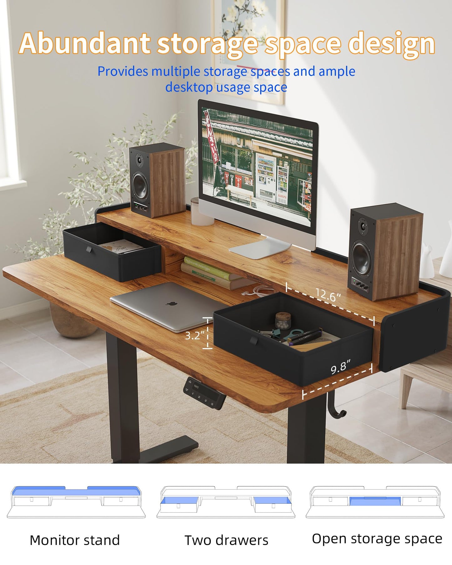 YIHAYO Electric Standing Desk with Drawers, 60 x 24 Inches Adjustable Desk with Storage Shelf, Computer Table with Splice Board for Home Office, Black Frame/Rustic Brown Top