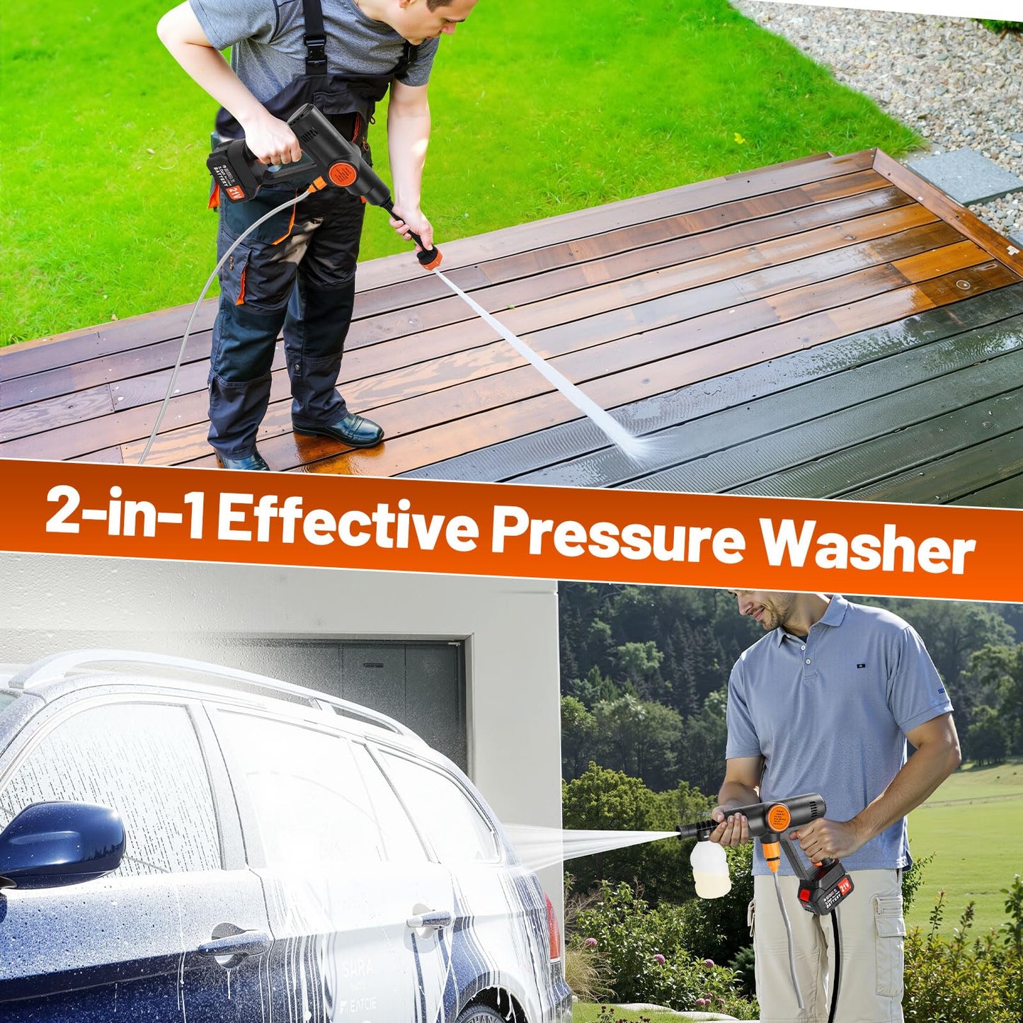 6000mAh Portable Cordless Pressure Washer, Electric Pressure Washer Battery Powered, Handheld Car Washer with 6-in-1 Nozzle,17FT Drain Hose, Power Cleaner for Patio Floor Fence Deck Indoor