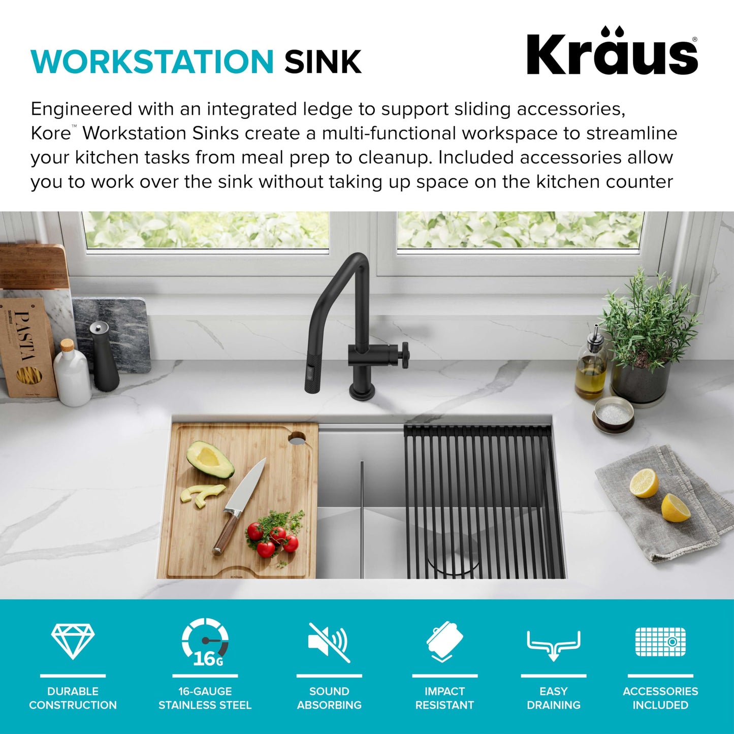KRAUS Kore 33-Inch Undermount Workstation 16 Gauge Double Bowl Stainless Steel Kitchen Sink with Accessories, KWU112-33