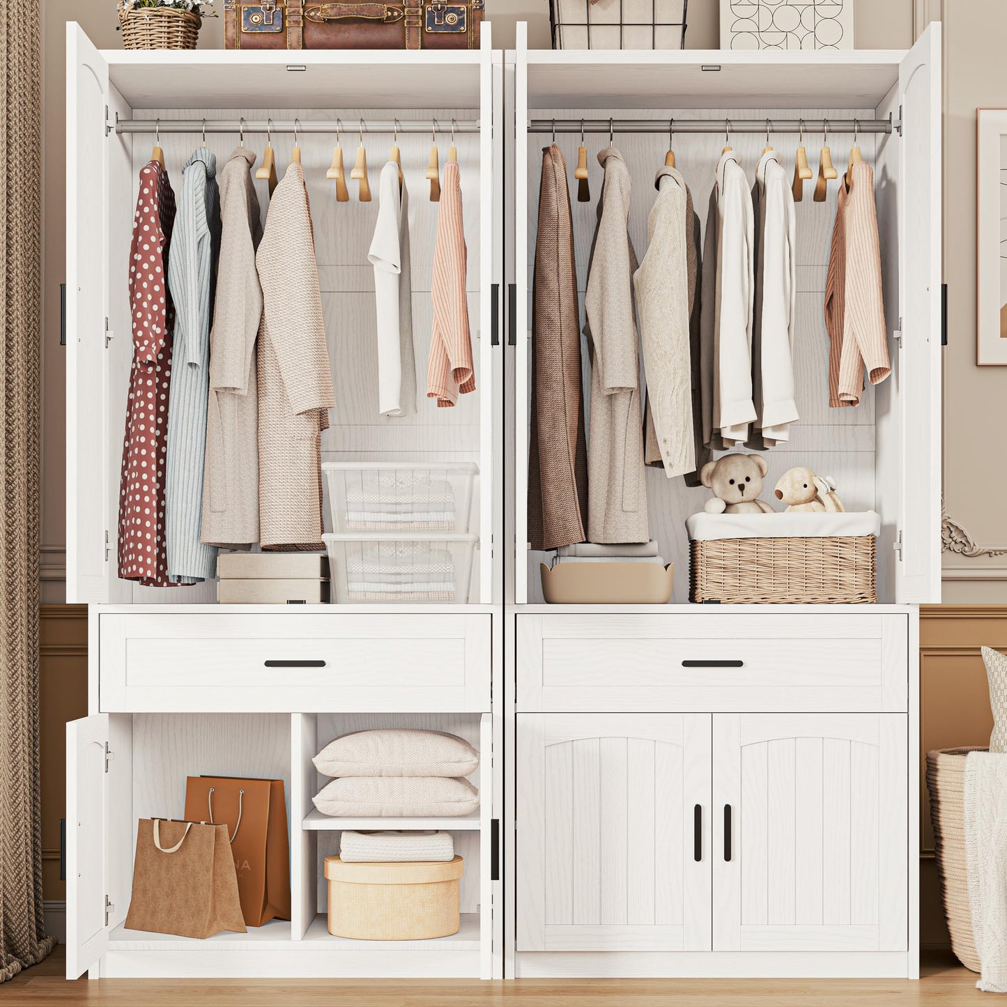 LIKIMIO 77" Tall Armoire Wardrobe Closet, Wooden Wardrobe with 4-Door and Drawer, White Clothes Storage Cabinet with Hanging Rod and Adjustable Shelves for Bedroom