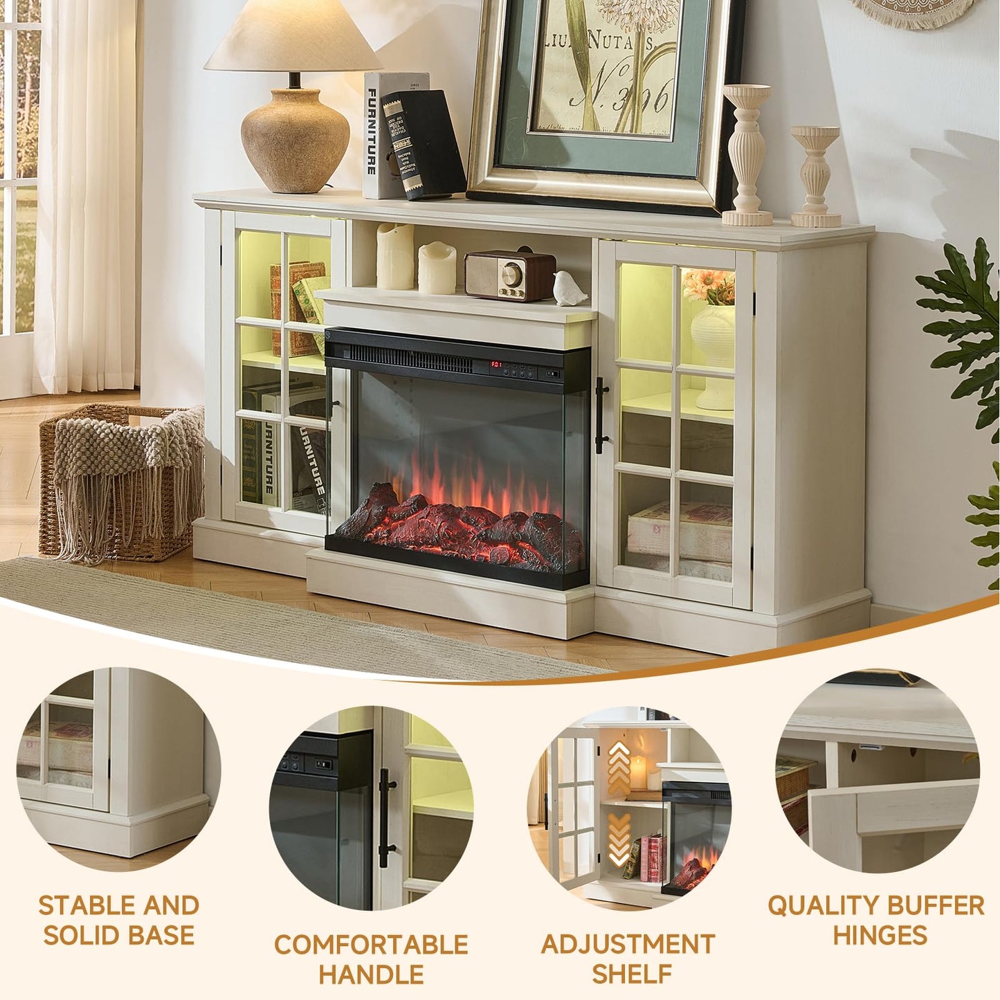 ROCKPOINT 3 Sided Glass 59" Fireplace TV Stand for TVs up to 65inch, Media Entertainment Center with Storage Cabinet,24" Electric Fireplace with LED Light and Flame Colors, White