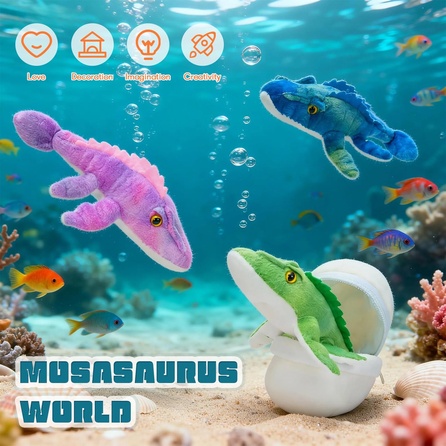 Karister Blue Dinosaur Stuffed Animal,Giant Dinosaur Plush Toy,Mommy Dino with Babies & Egg, Soft Mosasaur Plushie,Realistic Dinos Stuffy,Gifts for Kids Boys Girls Easter Christmas Birthday