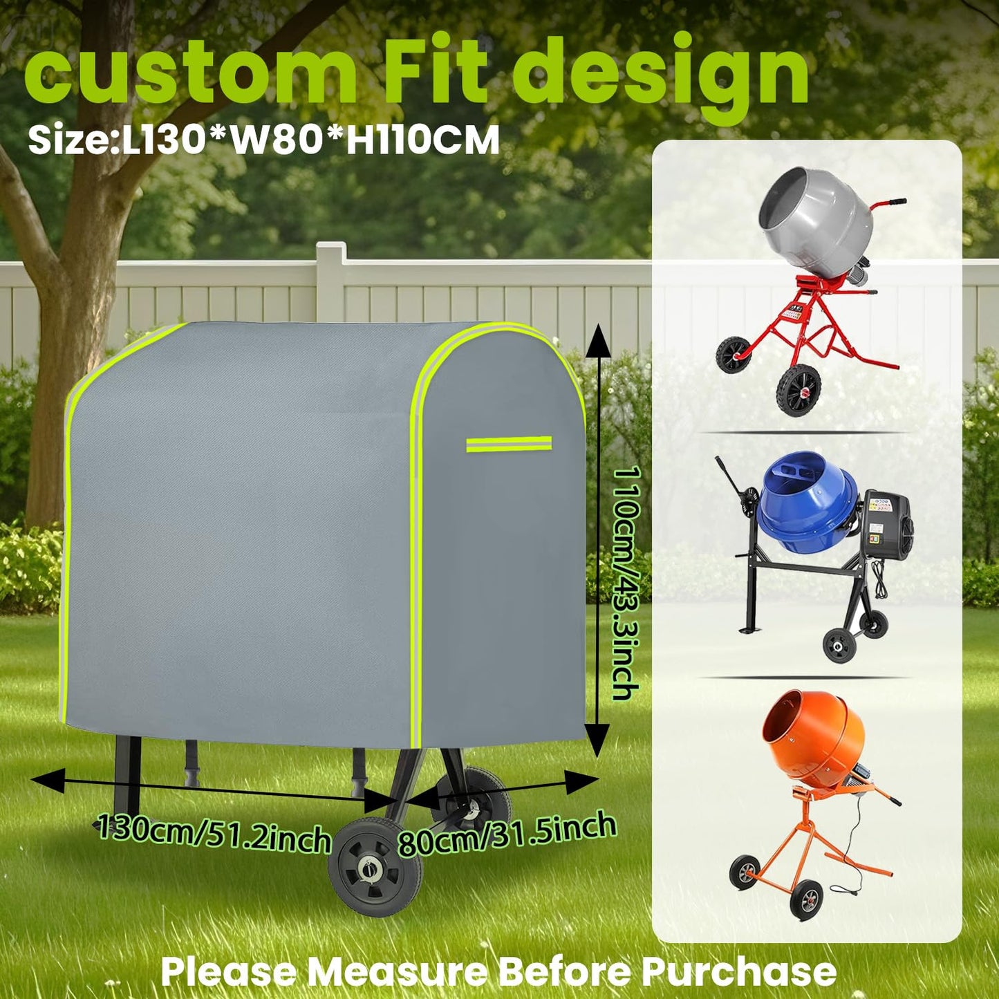 Cement Mixer Cover for 4–5 Cu.Ft Mixers, Heavy Duty 600D Oxford Concrete Mixer Cover, Waterproof & Dustproof Outdoor Cement Mixer Cover, Portable Mud Mixers Cover with Reflective Strips.