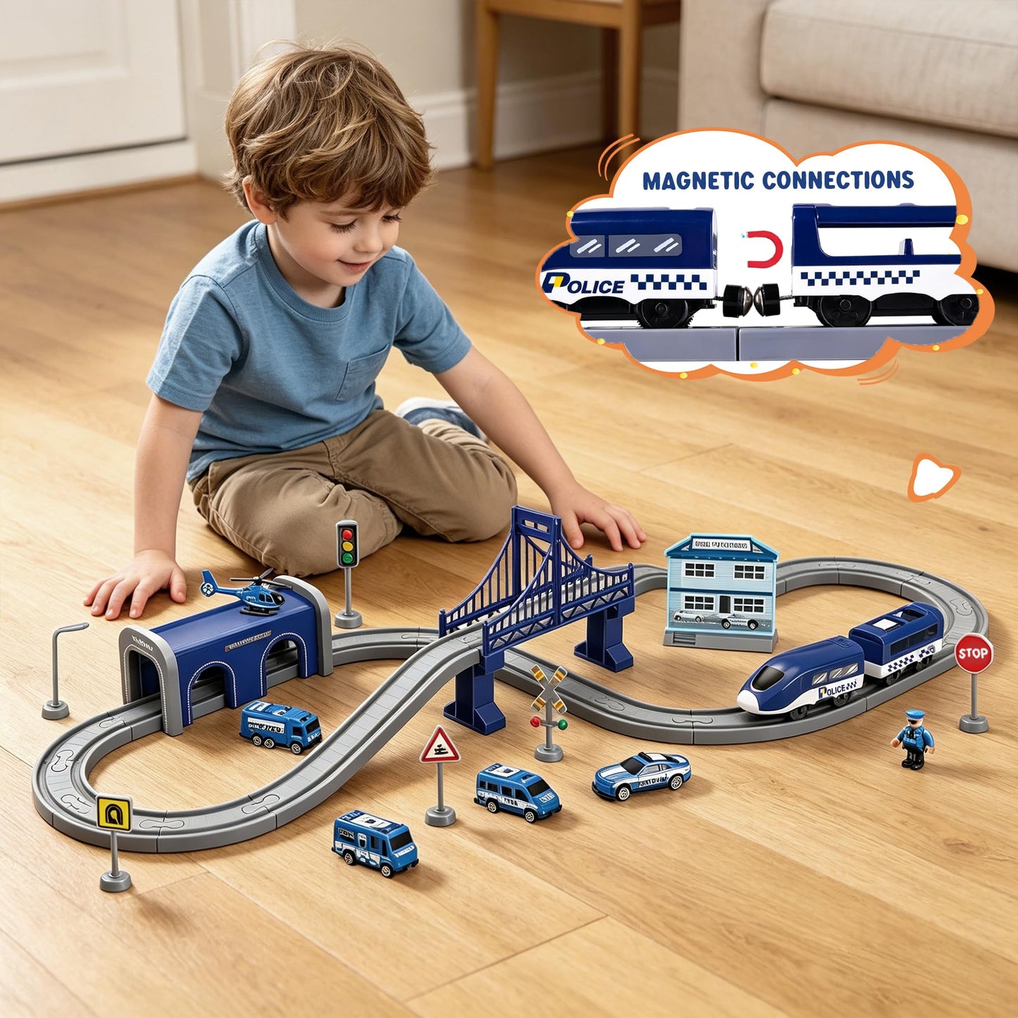 Wdmiya Train Sets for Toddlers, 66 Pcs Trains Toy with Battery Operated & Tracks (Magnetic Connection), Compatible with Thomas, Brio, Christmas Toy Gifts for 3 4 5 6 7 8 Years Old (Police)