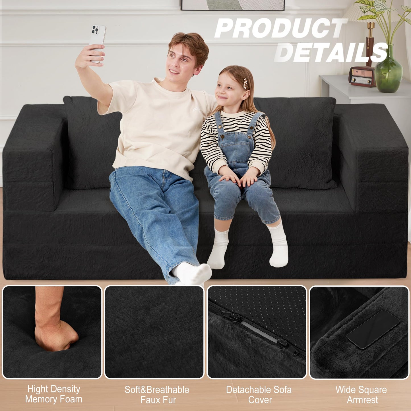 Cansunna Futon Sofa Bed with Pillow, 3-in-1 Sleeper Sofa Bed with Removable Cover, Convertible Floor Sofa Bed, No Assembly Boneless Couch for Living Room, Bedroom