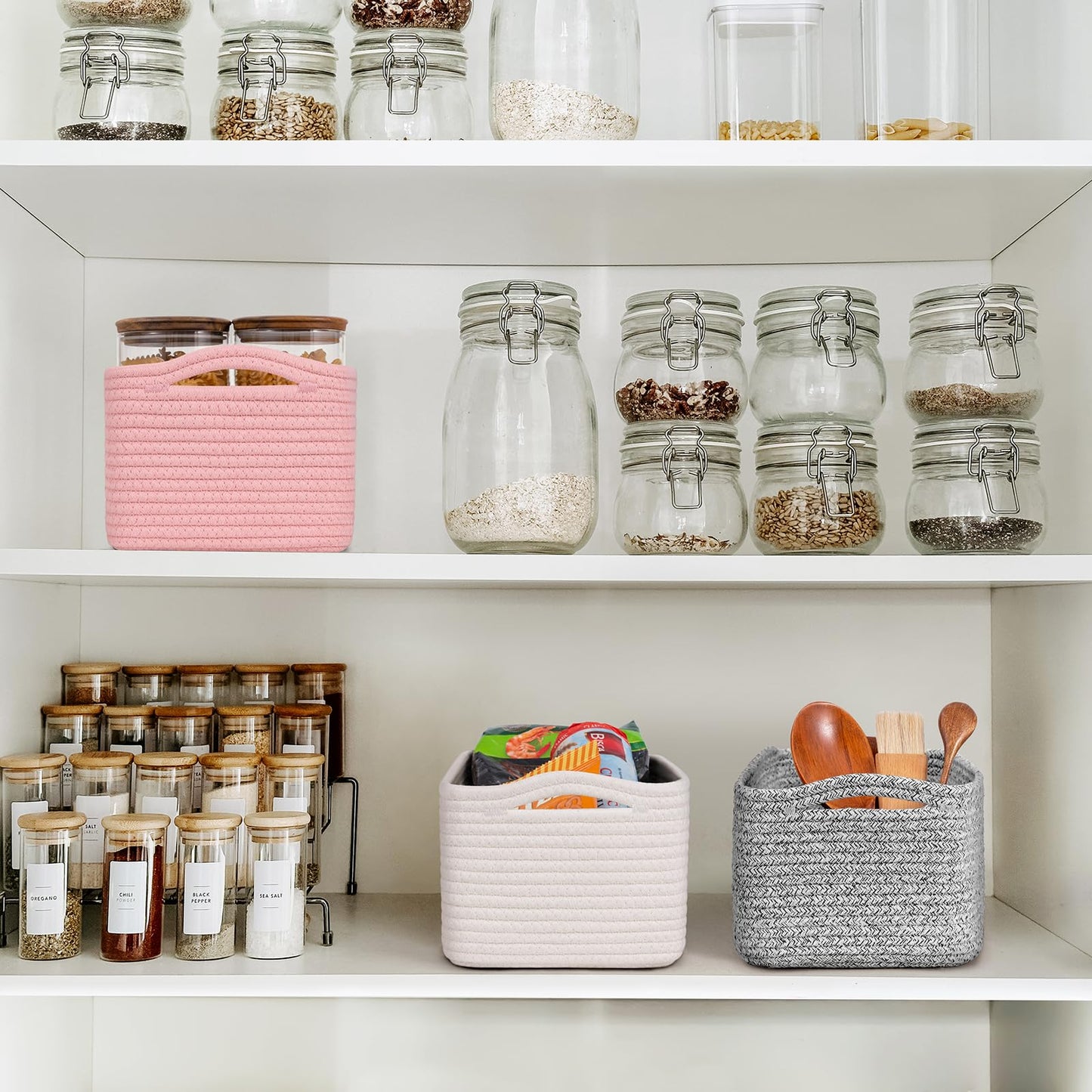 Goodpick Baskets for Organizing, Shelf Toy Basket for Organizing, Toy Organizer, Woven Rope Shelf Organizer 3 Pack for Nursery Organization, White, 13 x 8 x5 in