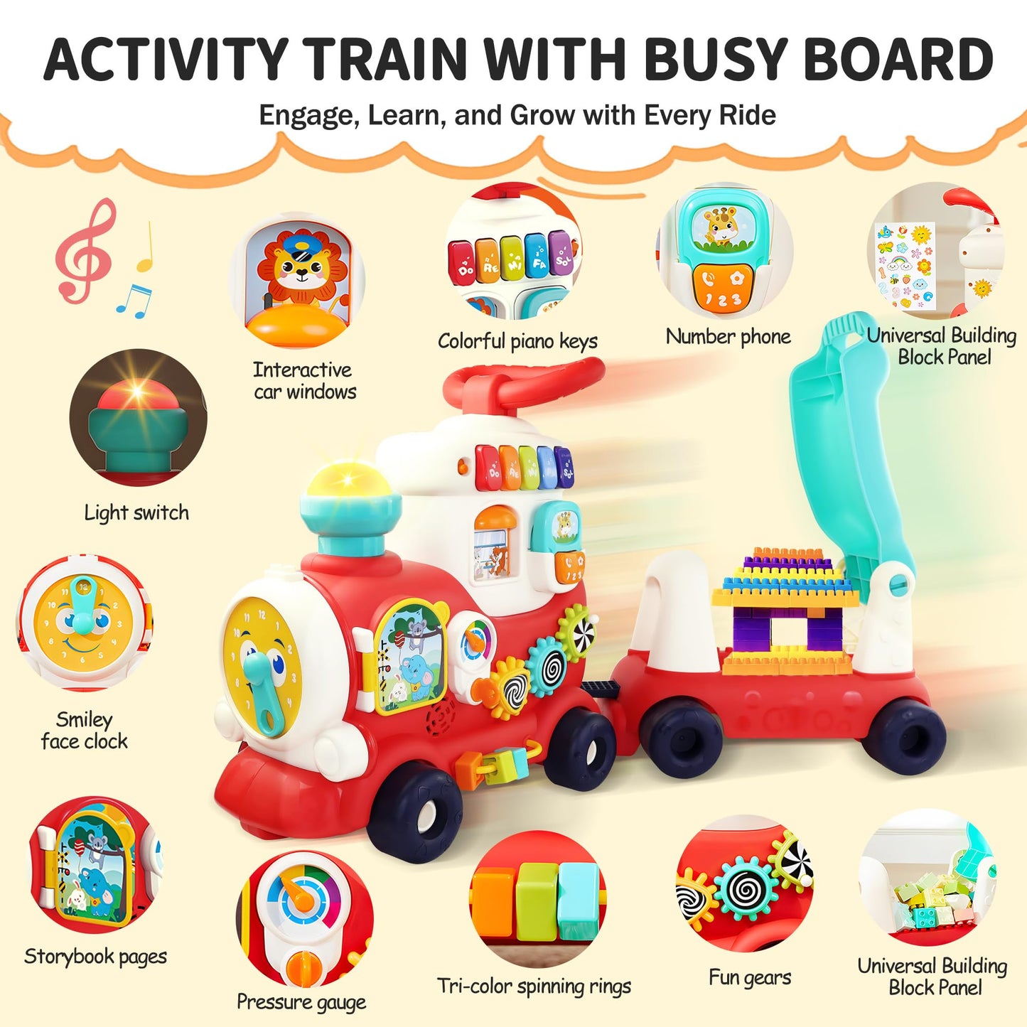 Ride On Toys for Toddlers 1-3 Boys Girls, 4-in-1 Push Pull Sit and Ride Train, Walking Car Toy for 1 Year Old Learning to Walk, Sit-to-Stand Walker for Baby Kids Ages 1 2 3 4 Outdoor Indoor Toy
