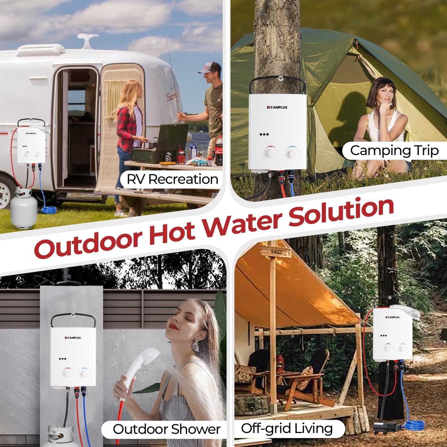 CAMPLUX Portable Propane Water Heater & Pump Kit, 1.32 GPM Tankless Gas Shower System with 12V Pump, Long Power Cables & Extension Hoses, Instant Hot Water for Off-Grid Camping, RV, AY132P43, White