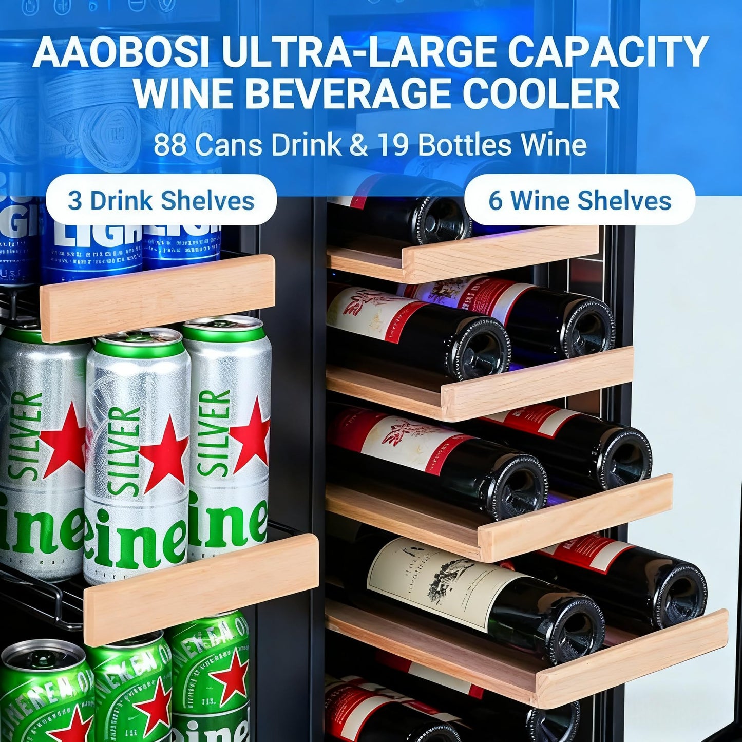 AAOBOSI Upgraded 88 Cans Dual Zone Wine and Beverage Cooler,Built-in and Freestanding,Removable Fashion Wooden Frame,Intelligent Digital Temperatrue Control,Low Noise,Dual Zone 24 Inch 19 Bottles