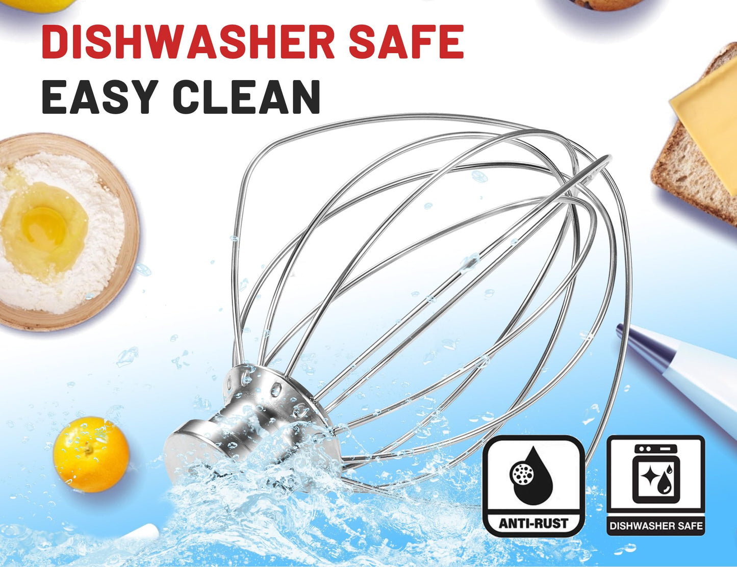 Stainless Steel Whisk Attachment Fits KitchenAid, 6 Wire Whip for 4.5 5 Quart KitchenAid Tilt-Head Stand Mixer，K45WW Kitchen Aid Accessories and Attachments Replacement Parts, Dishwasher Safe