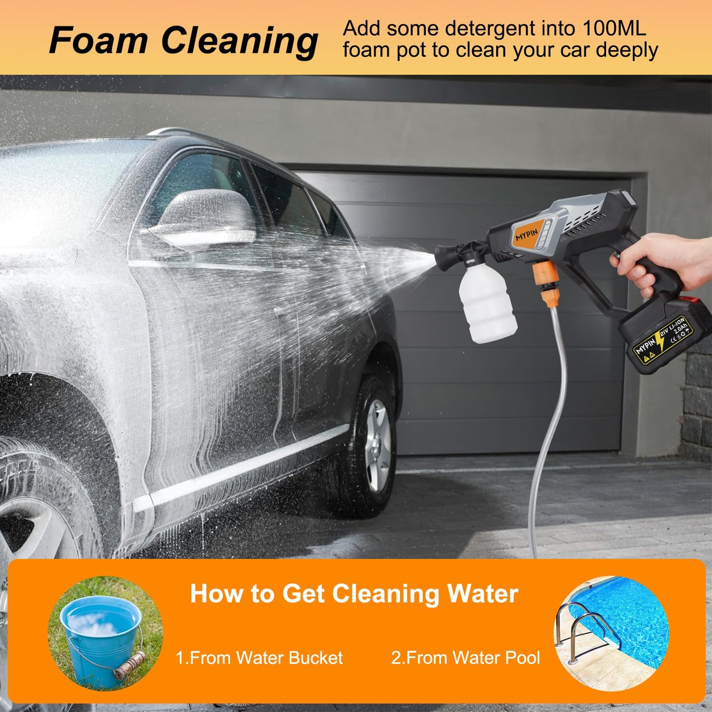 Portable Cordless Pressure Washer, 600 PSI with 21V 2 Rechargeable 2.0Ah Powered Pressure Washer, 6-in-1 Nozzle with 2 Batteries for Car/Fence/Garden/Floor/Yards Cleaning