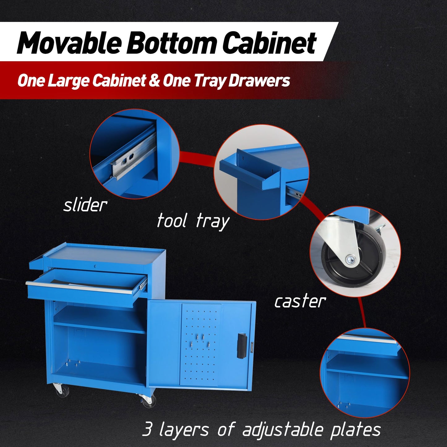 Fsazub 5 Drawers Tool Cart with Wheels & 1 Cabinet,Detachable Portable Top Box,Lock Rolling Tool Chest Trolley Organizer Set,Multifunctional Tool Box w/Storage Lockers for Garage & Workshop (Blue)