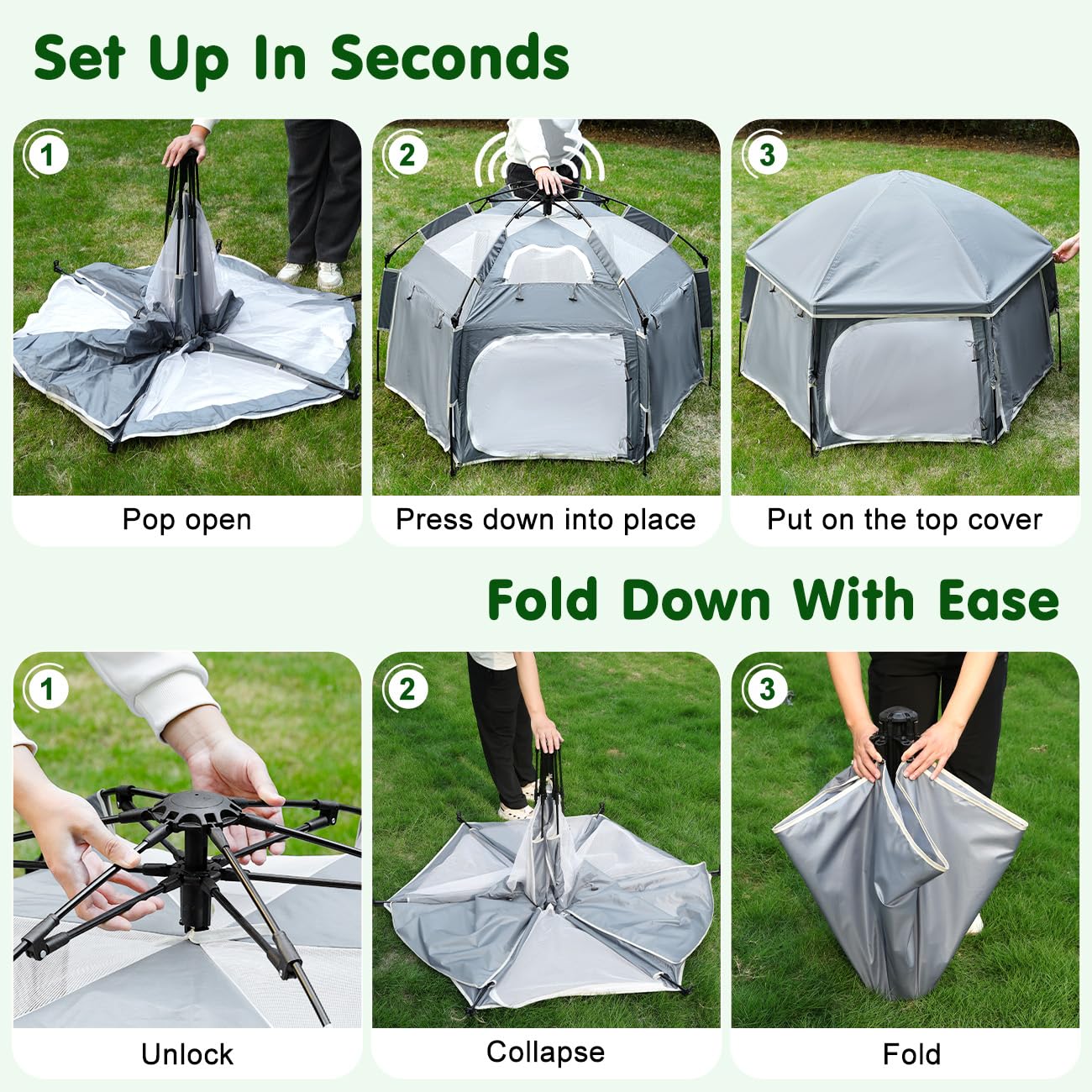 Zooawa Pop Up Playpen for Baby, 150*100 cm(L*H) Playpen for Babies and Toddlers with Removable Sun-Shades& 2 Side UV Covers, Lightweight Outdoor Baby Play pen for Beach Home with Travel Bag,Light Gray