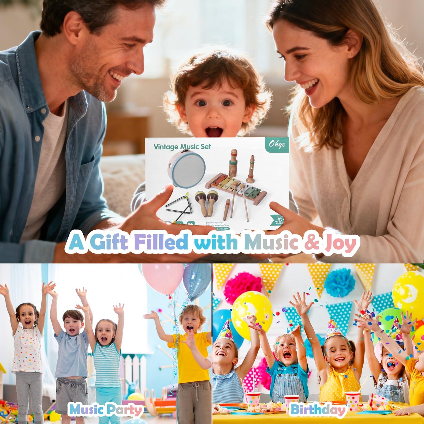 Baby Musical Instruments Set - Montessori Wooden Baby Musical Toys, Toddler Percussion Instruments Xylophone Maracas Tambourine for Toddlers 1-3, 1 2 3 Year Old Girls Boys Birthday Music Toys Gifts
