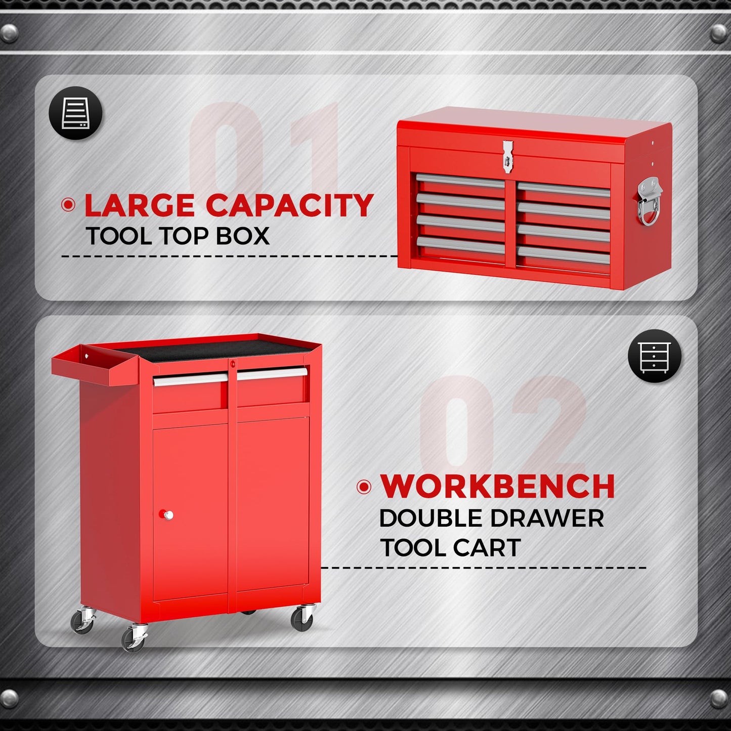 Patiomore 5-Drawer Rolling Tool Chest - Heavy-Duty Steel Tool Cabinet with Detachable Top Box, Locking Wheels & Security System for Garage/Workshop, 2-in-1 Design (Red)