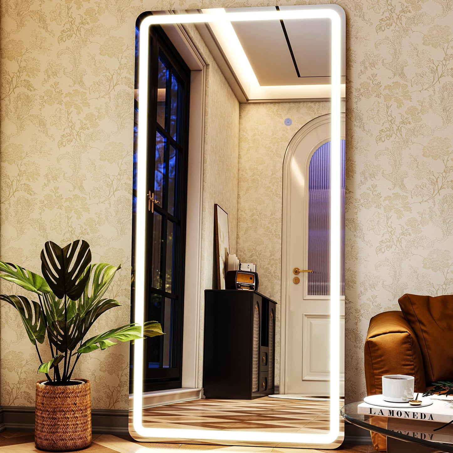 XRAMFY LED Rectangular Corner White Full Length Mirror - 30“ x 71” Brightness Adjustable, Touch Screen Control, Wall Mounted or Freestanding, for Bedroom Living Room Cloakroom Dressing Mirror