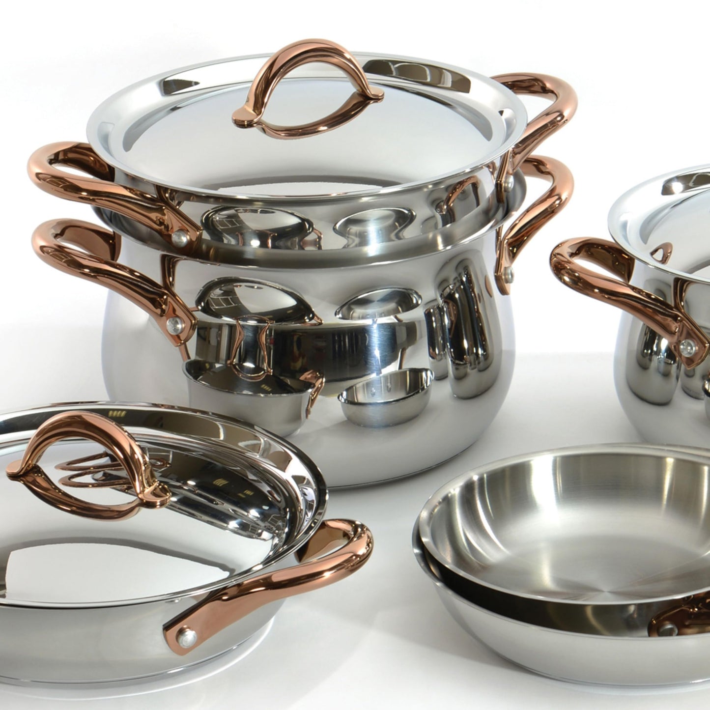 BergHOFF Ouro Gold 18/10 Stainless Steel 17Pc Cookware Set With Lids, 11Pc Induction Pots and Pans and 6Pc Bamboo Cooking Utensils Set PFOA-free, Rose Gold Handles