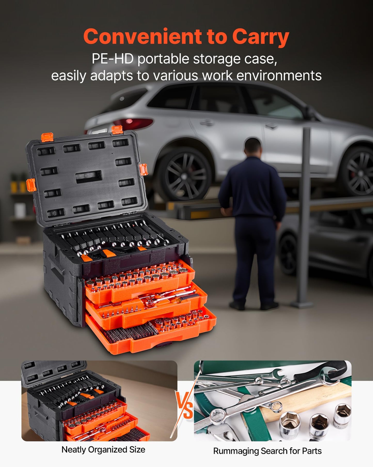 VEVOR Mechanics Tool Set and Socket Set, 450 Pcs, 1/4, 3/8 and 1/2 inch Drive Deep and Standard Sockets, SAE Metric Mechanic Tool Kit with Bits, Wrenches, Accessories, Storage Case with Orange Drawer