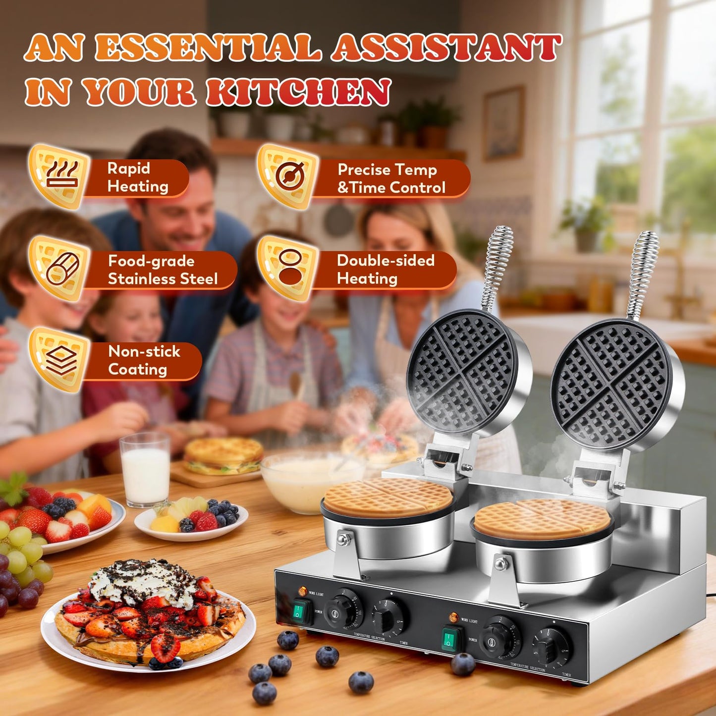 Moongiantgo Commercial Waffle Maker, 2000W Non-Stick Double Head Belgian Waffle Maker Waffle Iron Stainless Steel with Temp & Timer Control, Electric Baker Machine for Home Kitchen Food Trucks, 110V