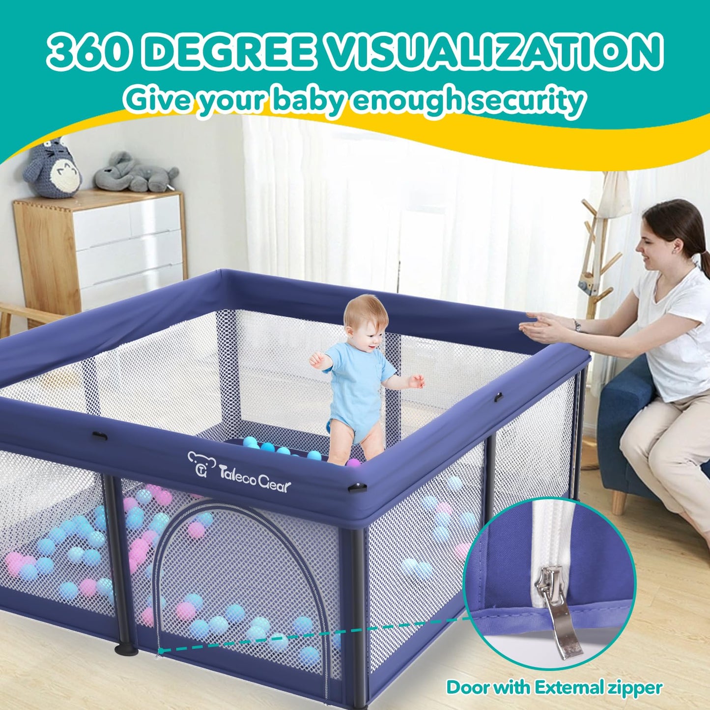 Foldable Baby Playpen for Babies and Toddlers, 50x50 Inch Portable Play Yard, Collapsible Play Pen with Mat, Visible Mesh, 50 Ocean Balls, Indoor/Outdoor Baby Fence Activity Center for Home