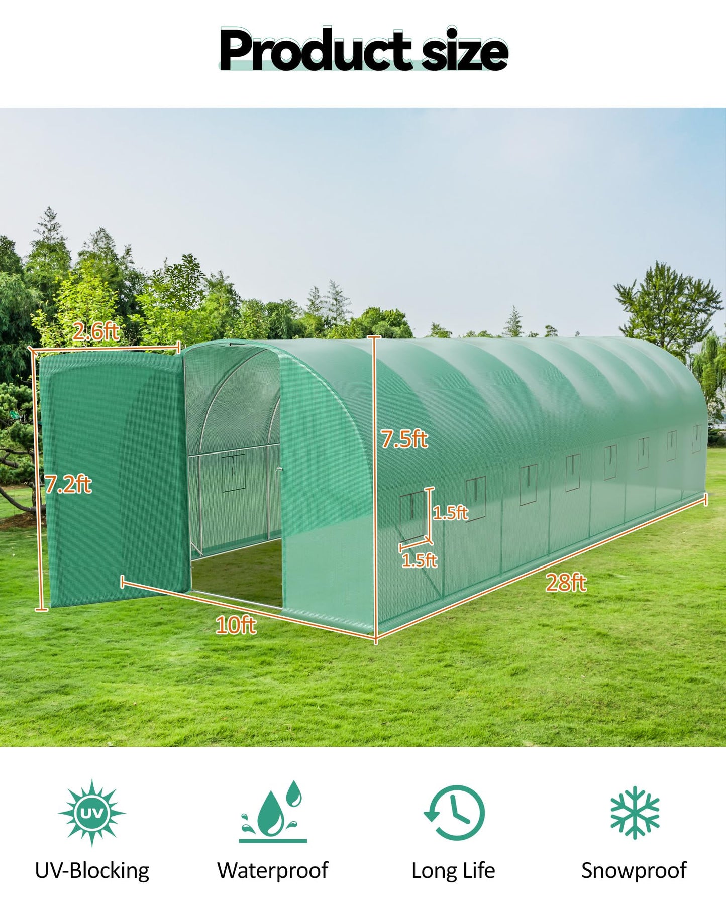 28X10x7.5 ft Large Walk-in Tunnel Greenhouse for Outdoors, Grow Tent with Reinforced Frame, Dual Zippered Screen Doors & 8 Screen Windows Green Houses Kit for Outside Backyard Gardening