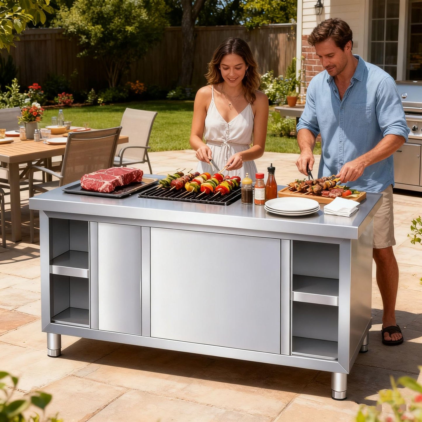 YTALUTTNIE Stainless Steel Work Table with Cabinet, Commercial Kitchen Large Space Storage Prep Table, Heavy Duty Stainless Steel worktable with Shelves for Kitchen Outdoor (no shelf, 100*50*80cm)