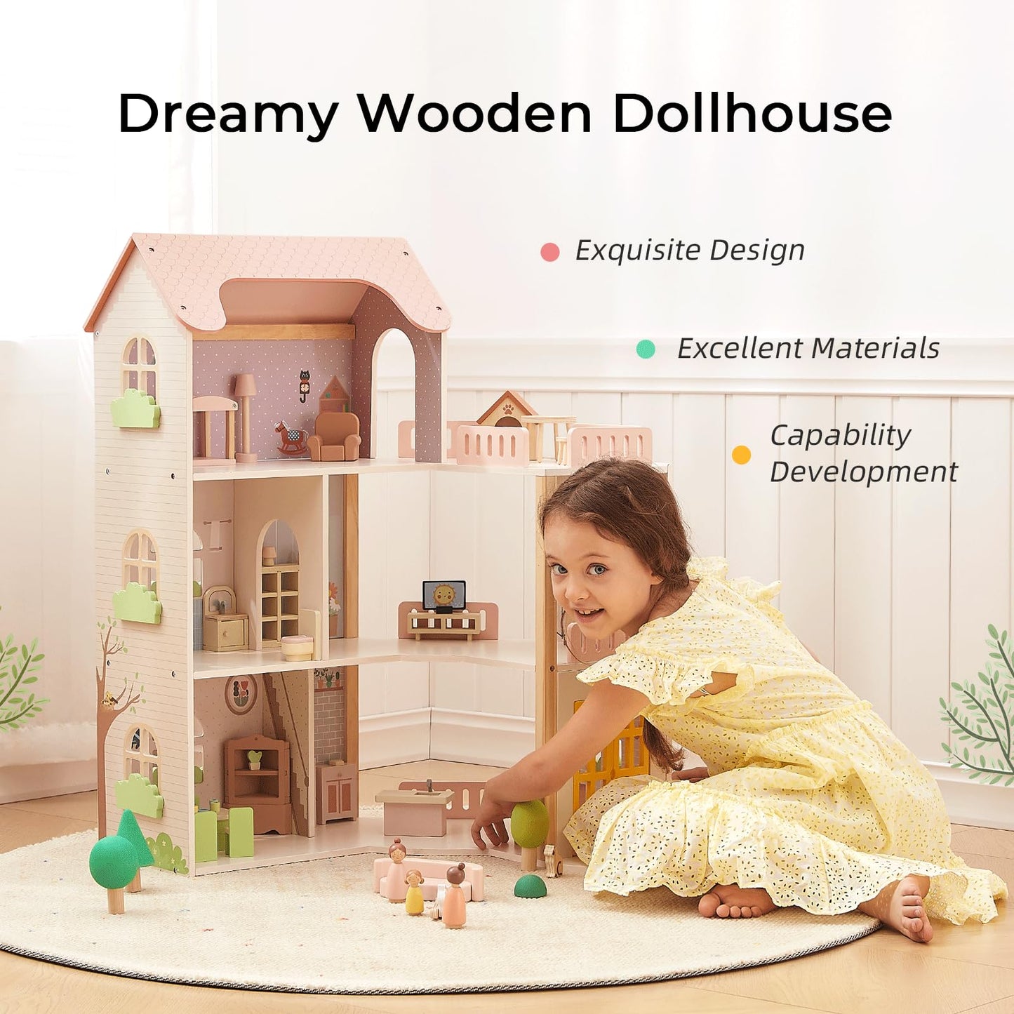 OOOK Wooden Dollhouse with 60 Pcs Luxurious Furniture Accessories, Including 4 Dolls and 2 Pets, Large 3-Story Doll House with 6 Rooms, Doll House for 3 Year Old