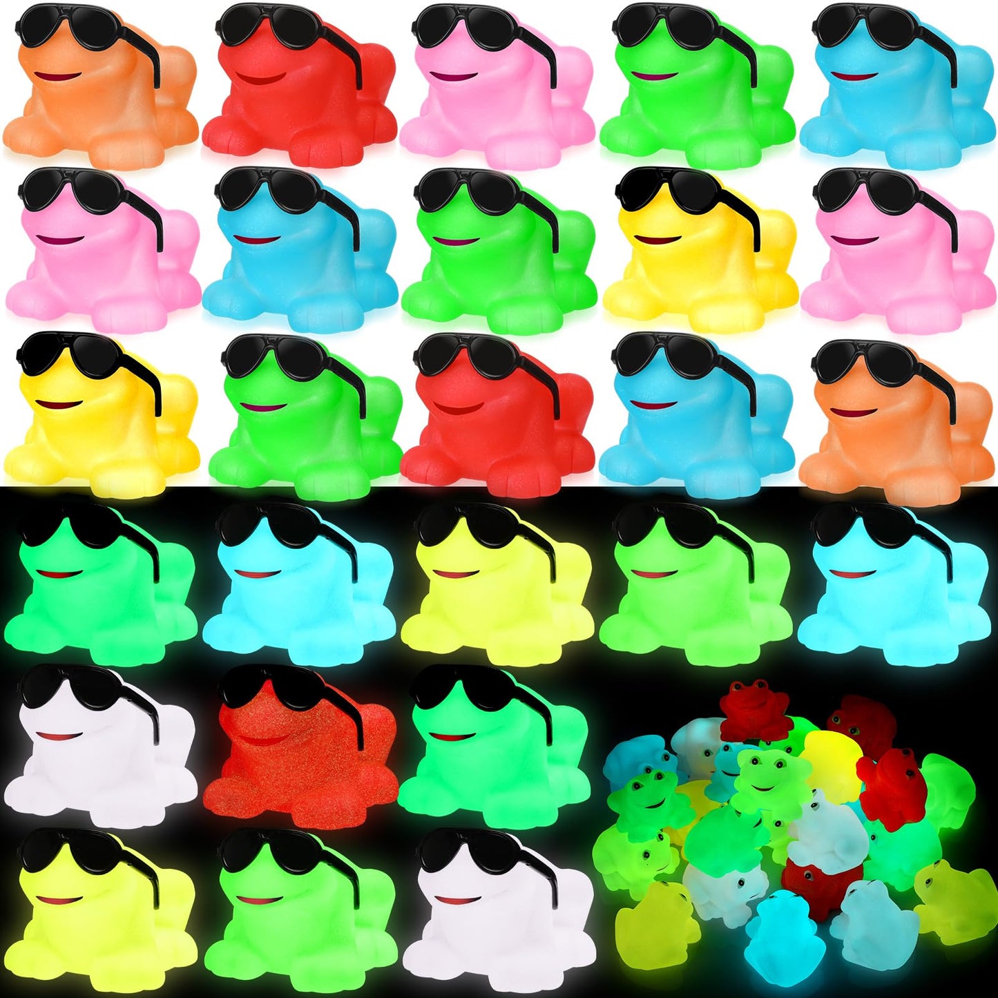 Halloscume 24 Pack Glow in The Dark Rubber Frog Toys for Kids, Floating Squeaky Bath Toys Bulk, Cute Mini Rubber Frogs with Sunglasses, Luminous Party Favors, Birthday Goodie Bag Stuffers for Toddlers