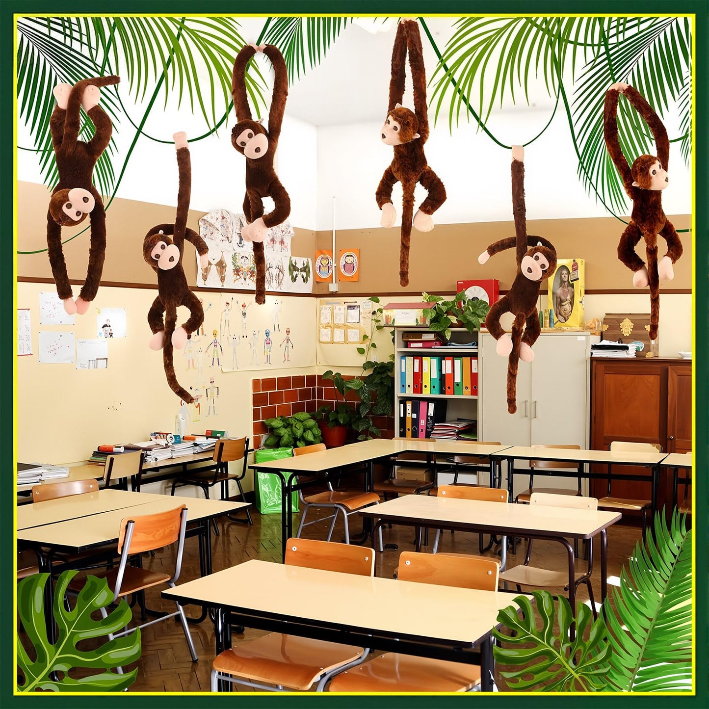 Hungdao 6 Packs Hanging Monkey Stuffed Jungle Animal Toy Gifts with Hook and Loop Jungle Party Hanging Plush Monkey for Classroom Birthday Party Decorations(Dark Brown,24 Inch)