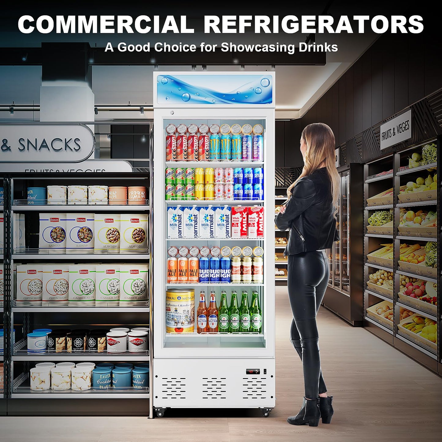 ECEVT 26.8'' W Commercial Beverage Fridge, 15 Cu.ft. Merchandiser Refrigerator Glass Door Upright Display Cooler with LED Light and Adjustable Shelves for Restaurant Grocery Stores Home, White