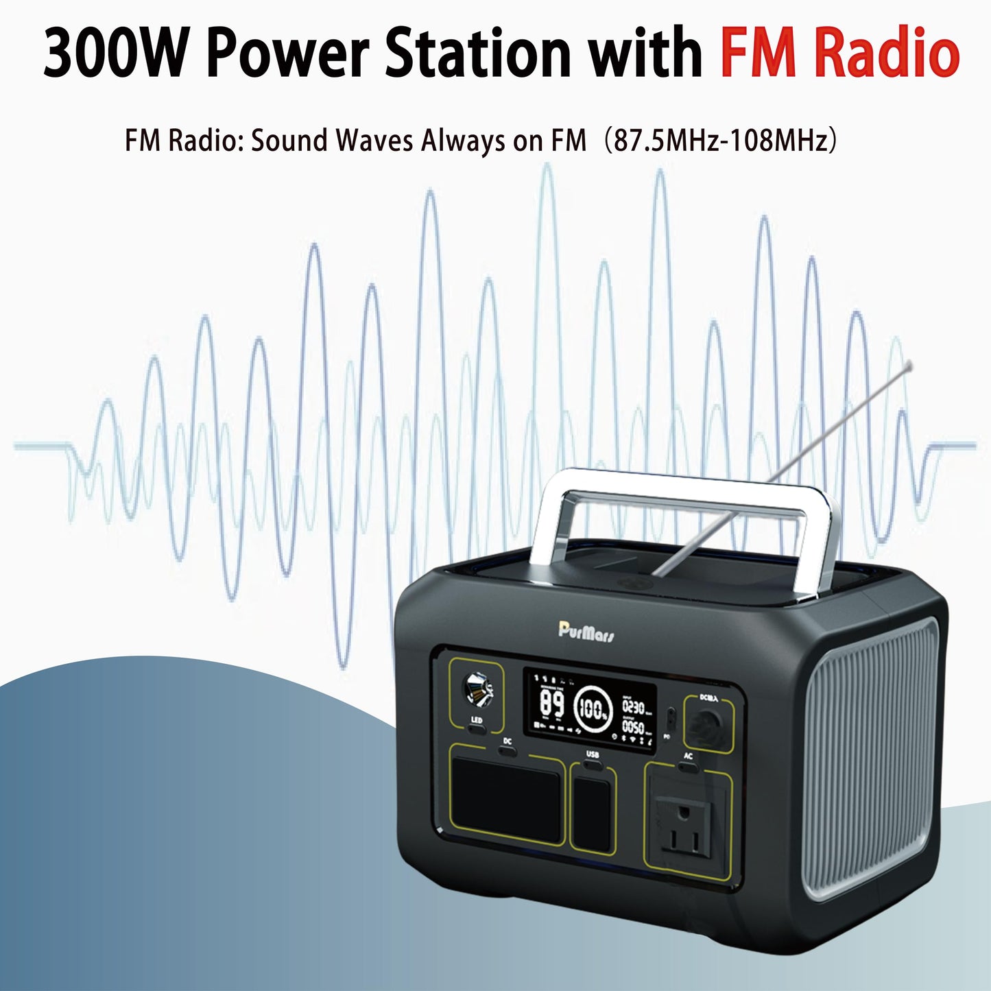 PurMars 300W Portable Power Station (Peak 500W) with Bluetooth Speaker & FM Radio,288Wh Solar Generator,110V AC Outlet,LiFePO4 Power Bank-Portable Power Station for Camping,Solar Power Bank for Home