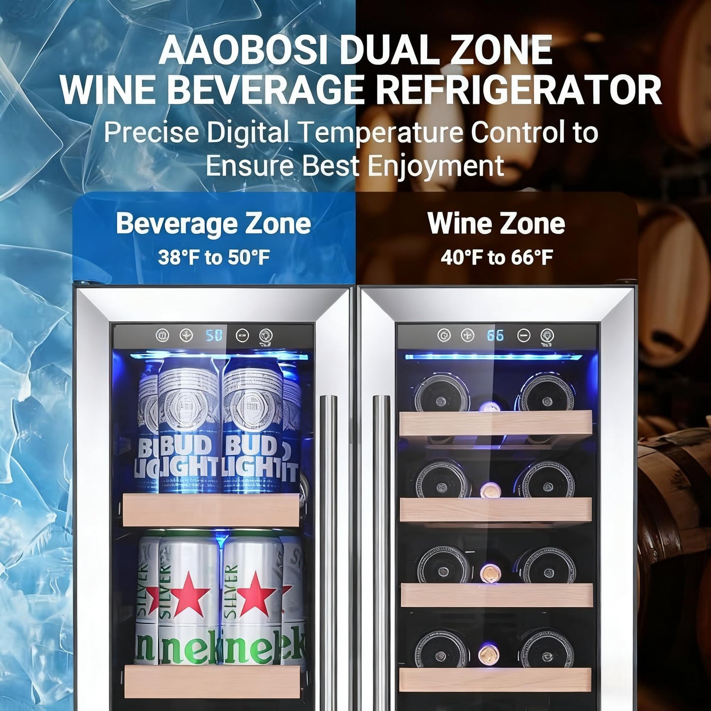AAOBOSI Upgraded 88 Cans Dual Zone Wine and Beverage Cooler,Built-in and Freestanding,Removable Fashion Wooden Frame,Intelligent Digital Temperatrue Control,Low Noise,Dual Zone 24 Inch 19 Bottles