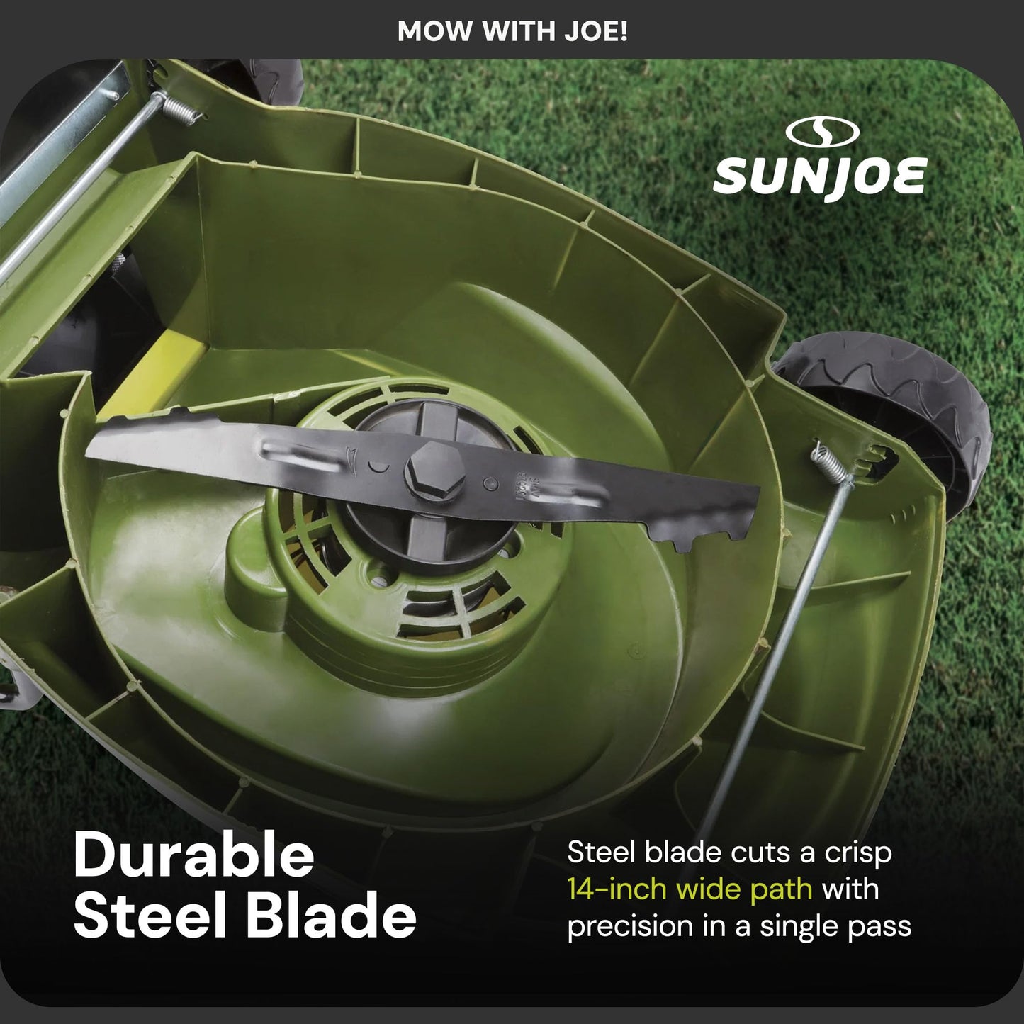 Sun Joe MJ401C 14-Inch 28-Volt Cordless Push Lawn Mower, w/10.6-Gallon Collection Bag, 3-Position Height Adjustment, Safety Key, 14 inches, Green