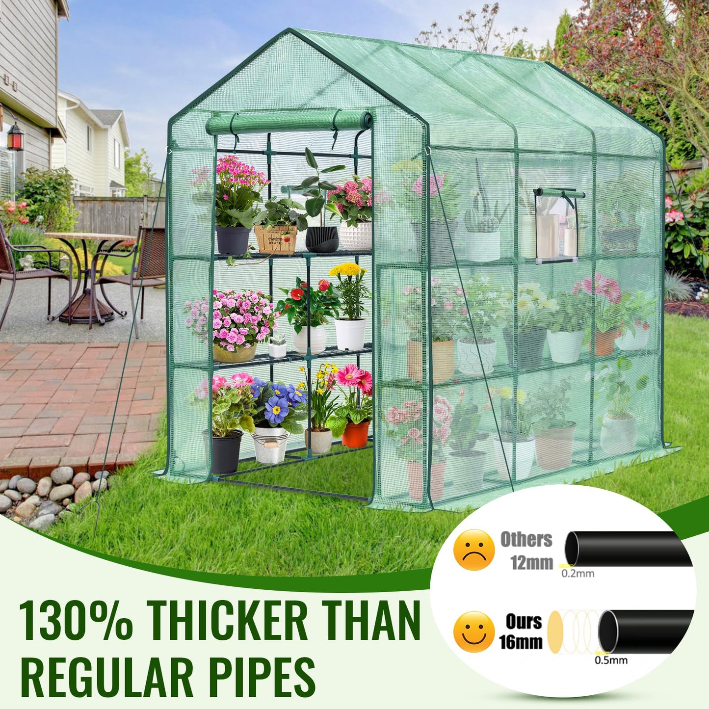 Greengro Greenhouse, 57 x 85 x 76'' Greenhouses for Outdoors, Portable Greenhouse Kit with Mesh Side Windows, PE Cover, 8 Shelves, Heavy Duty Walk in Green House for Backyard Garden Indoor Outside
